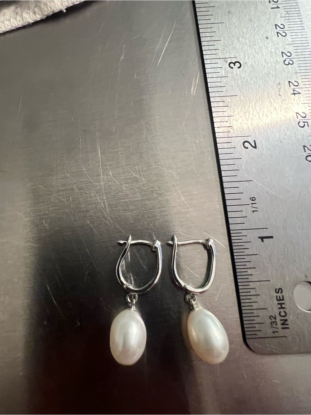 Sterling Silver Pearl Drop Hoop Earrings - Genuine White Pearl & Tiny CZ’s